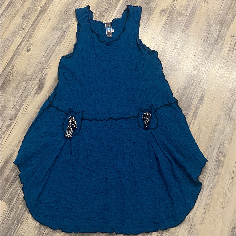 NOBLU Cotton Pucker S/S Dress w Pockets Turquoise USA Made Size Medium